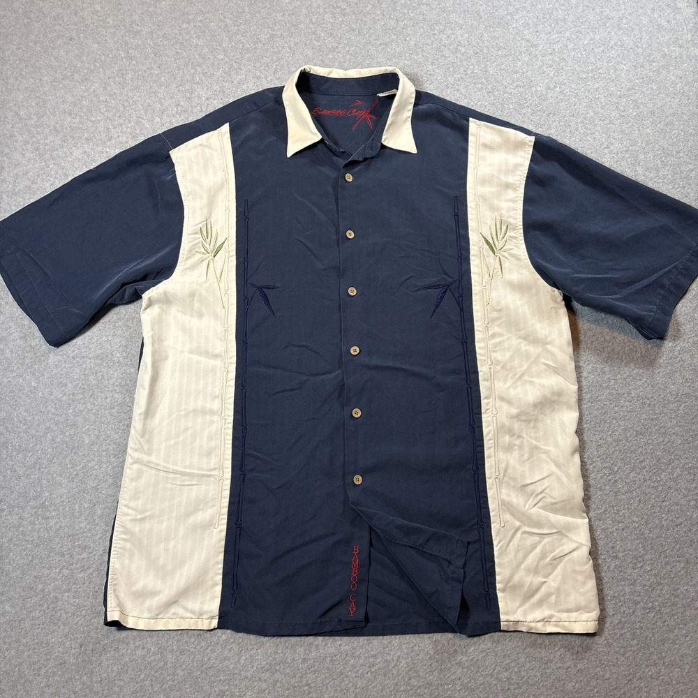 Bamboo Cay Short Sleeve Button Up Men's XL Blue Striped Palm Flowers Hawaiian